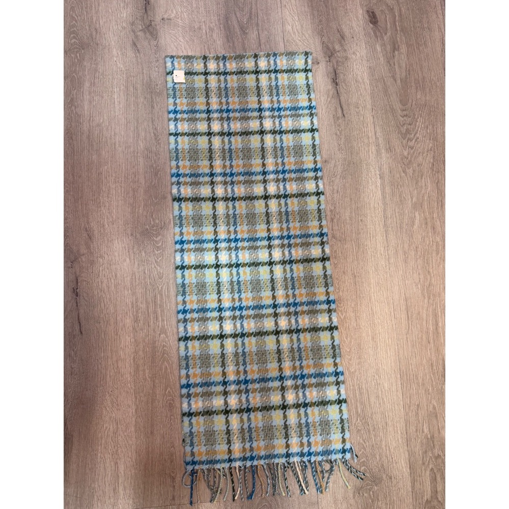 100% Cashmere Scarf Made in Scotland Blue Plaid Houndstooth Fringe Soft - Picture 4 of 7